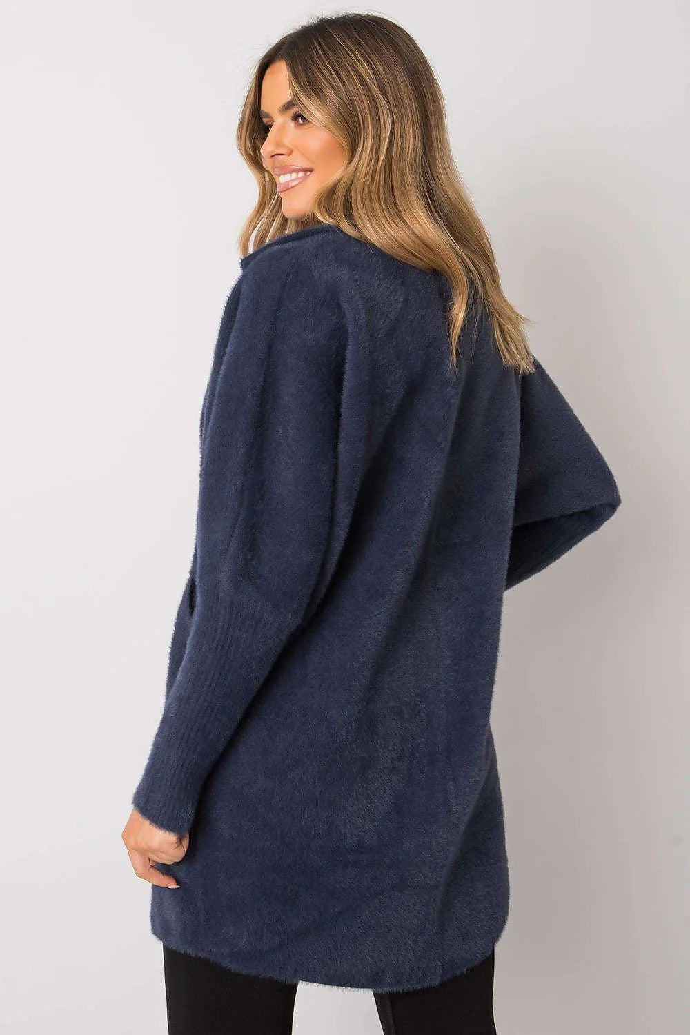Cardigan pour femme design épuré style décontracté col châle manches longues poches patch couleur bleu marine