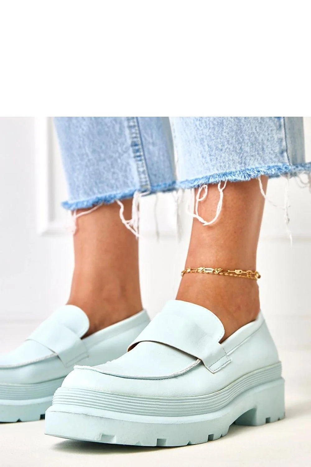 mocassins femme bleu pastel cuir synthétique plateforme talon 4cm bout rond semelle crantée antidérapante intérieure rembourrée empeigne lisse
