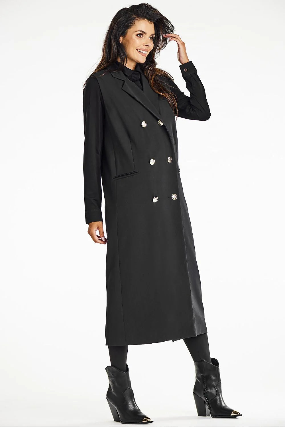 Manteau long pour femme élégant classique double boutonnage laine noire épaules structurées poches latérales