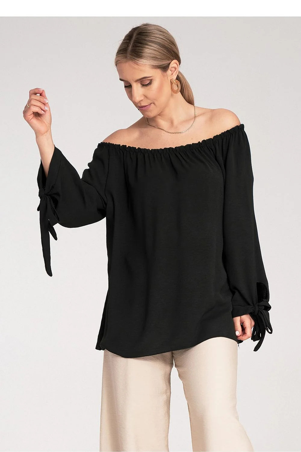 chemisier femme espagnol bardot épaules dénudées manches longues évasées noeuds décolleté froncé fluide léger polyester élasthanne noire élégant sophistiqué