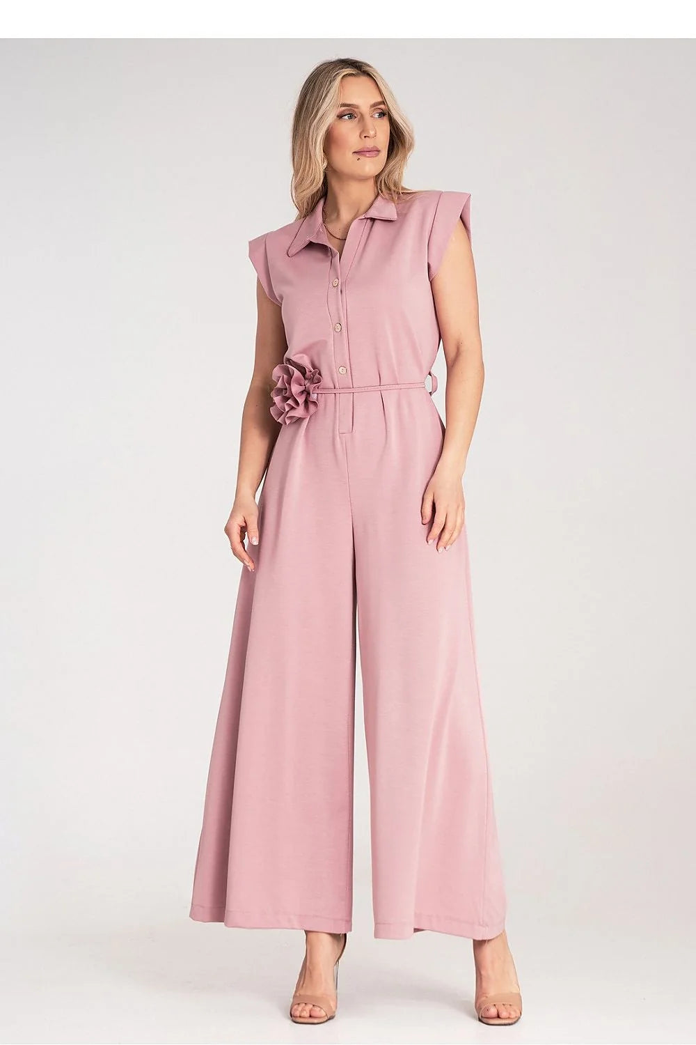 Figl combinaison palazzo rose poudré sans manches col chemise épaules structurées ceinture fine fleur viscose polyester élasthanne fluide