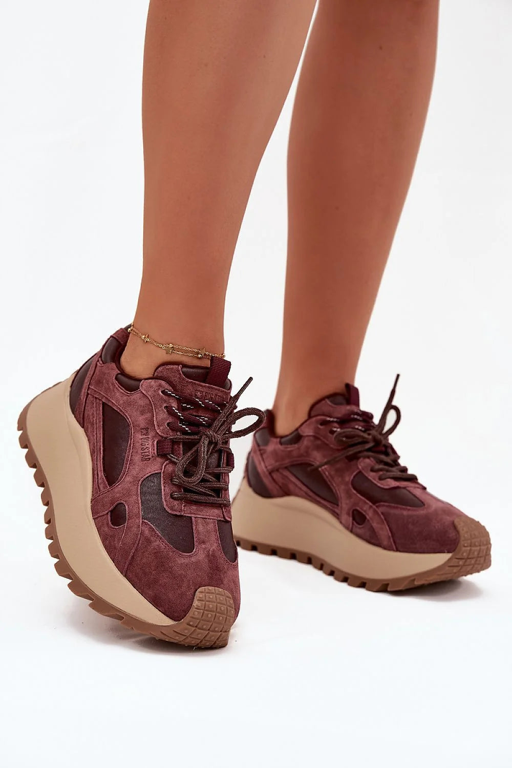 BigStar baskets femme sneakers chunky plateforme bordeaux daim cuir suédé oversize semelle crantée beige antidérapante matelassée respirante recyclée amortissante