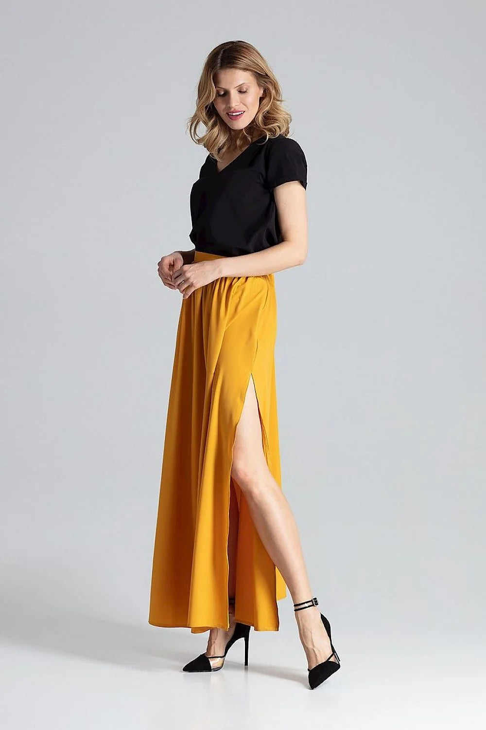 Jupe longue imprimée Figl en polyester élasthanne taille élastique fentes latérales style naturel pour femmes