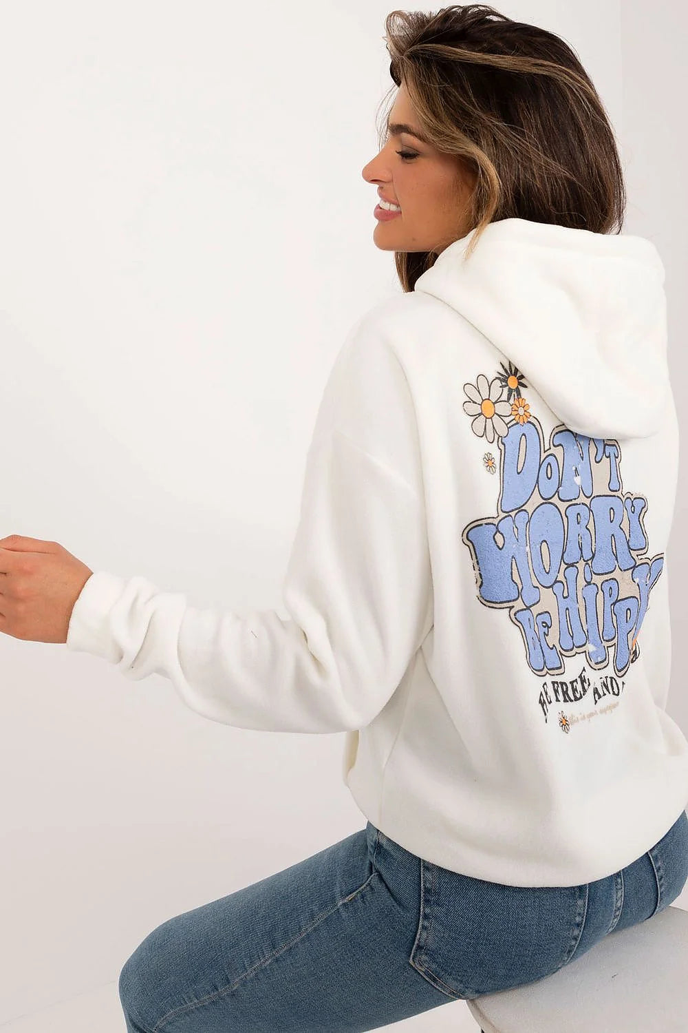 Sweatshirt femme décontracté style moderne design graphique coloré blanche jaune bleu capuche poche kangourou manches longues polyester