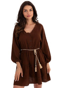 Robe de jour Italy Moda été mousseline style bohème manches longues couleur brun chaud taille ajustable femme