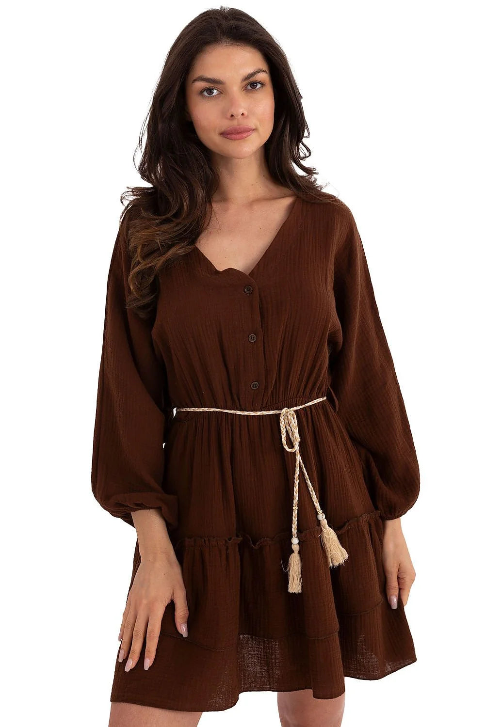 Robe de jour Italy Moda été mousseline style bohème manches longues couleur brun chaud taille ajustable femme