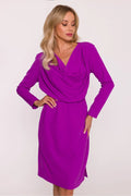 robe crayon midi fuchsia intense col drapé manches longues crêpe fluide mat taille cintrée ceinture élastique fente latérale discrète polonaise