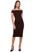 robe midi fourreau bodycon jersey stretch marron foncé bardot épaules dénudées coupe crayon ajustée mi mollet élégante sophistiquée confortable extensible