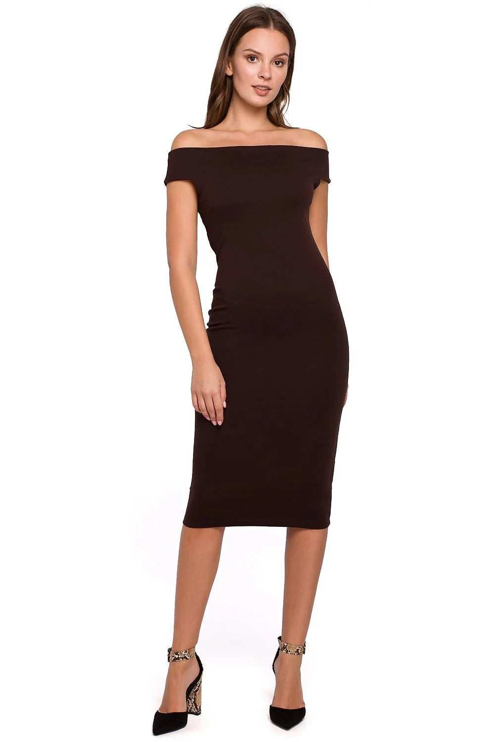 robe midi fourreau bodycon jersey stretch marron foncé bardot épaules dénudées coupe crayon ajustée mi mollet élégante sophistiquée confortable extensible