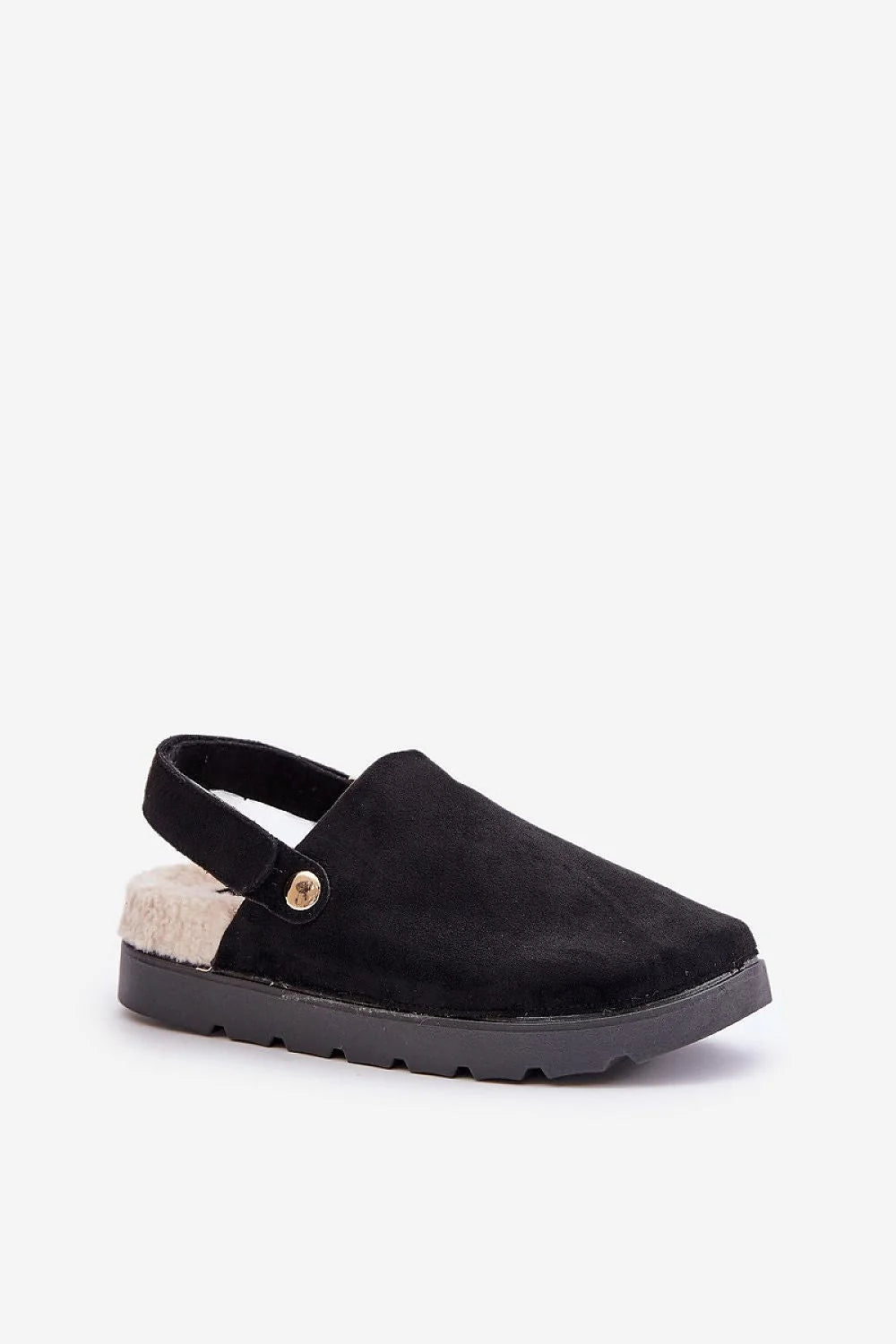 Pantoufles pour femme style moderne en suédine noire fourrure intérieure bouton doré confortable design élégant