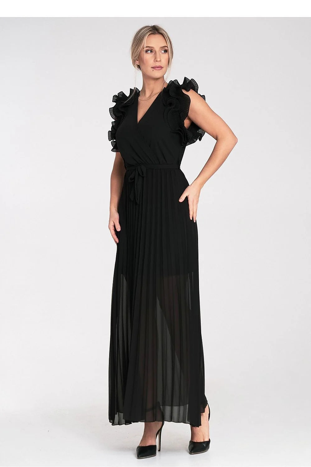 Robe longue élégante noire pour femme avec volants sur les épaules décolleté en V ceinture intégrée polyester 100 %