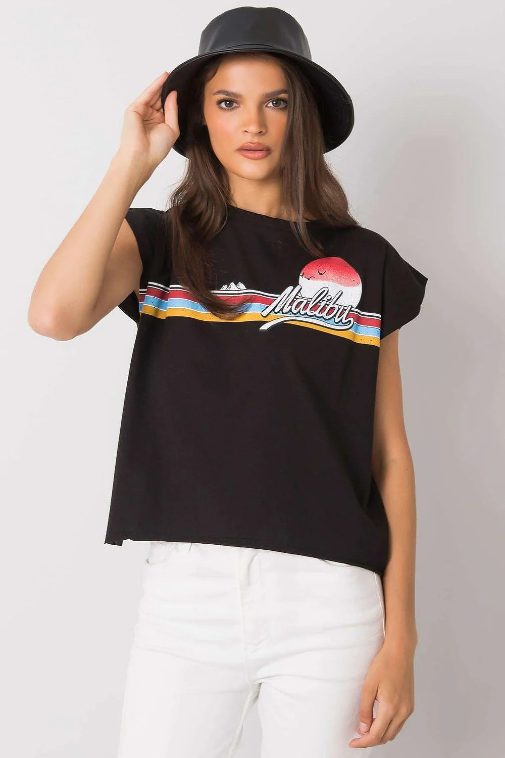 Tshirt Fancy femme noir coton jersey léger doux respirant coupe ample boxy manches courtes tombantes encolure ronde imprimé