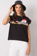 Tshirt Fancy femme noir coton jersey léger doux respirant coupe ample boxy manches courtes tombantes encolure ronde imprimé