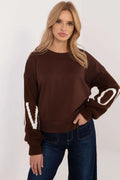 Sweatshirt Italy Moda pull maille femme design LOVE manches contrastantes marron foncé encolure ronde longueur standard coupe ample