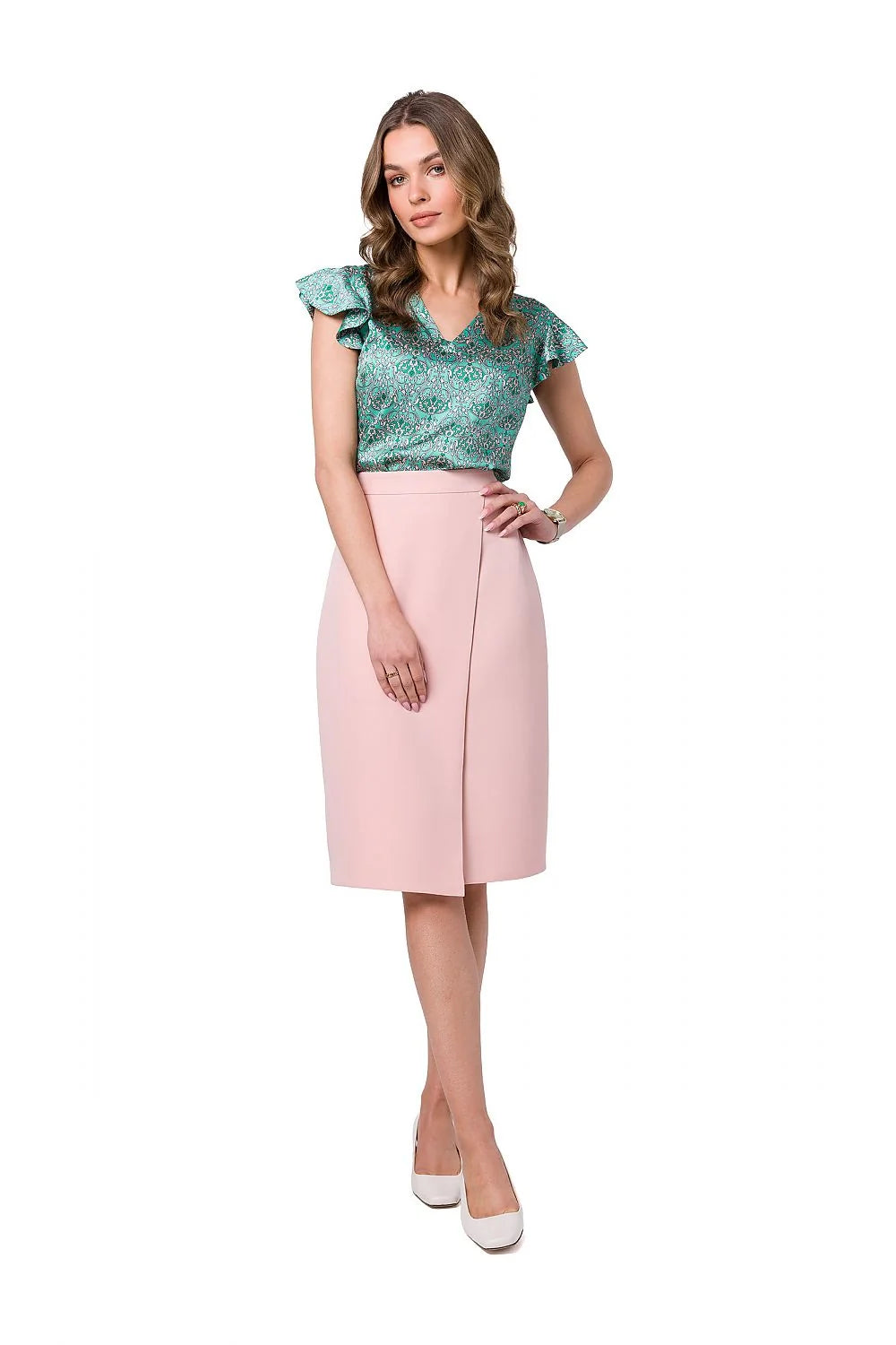 jupe stylove femme élégante asymétrique portefeuille rose poudré polyester elasthanne stretch taille haute ajustable doublée soignée mi longue moulante