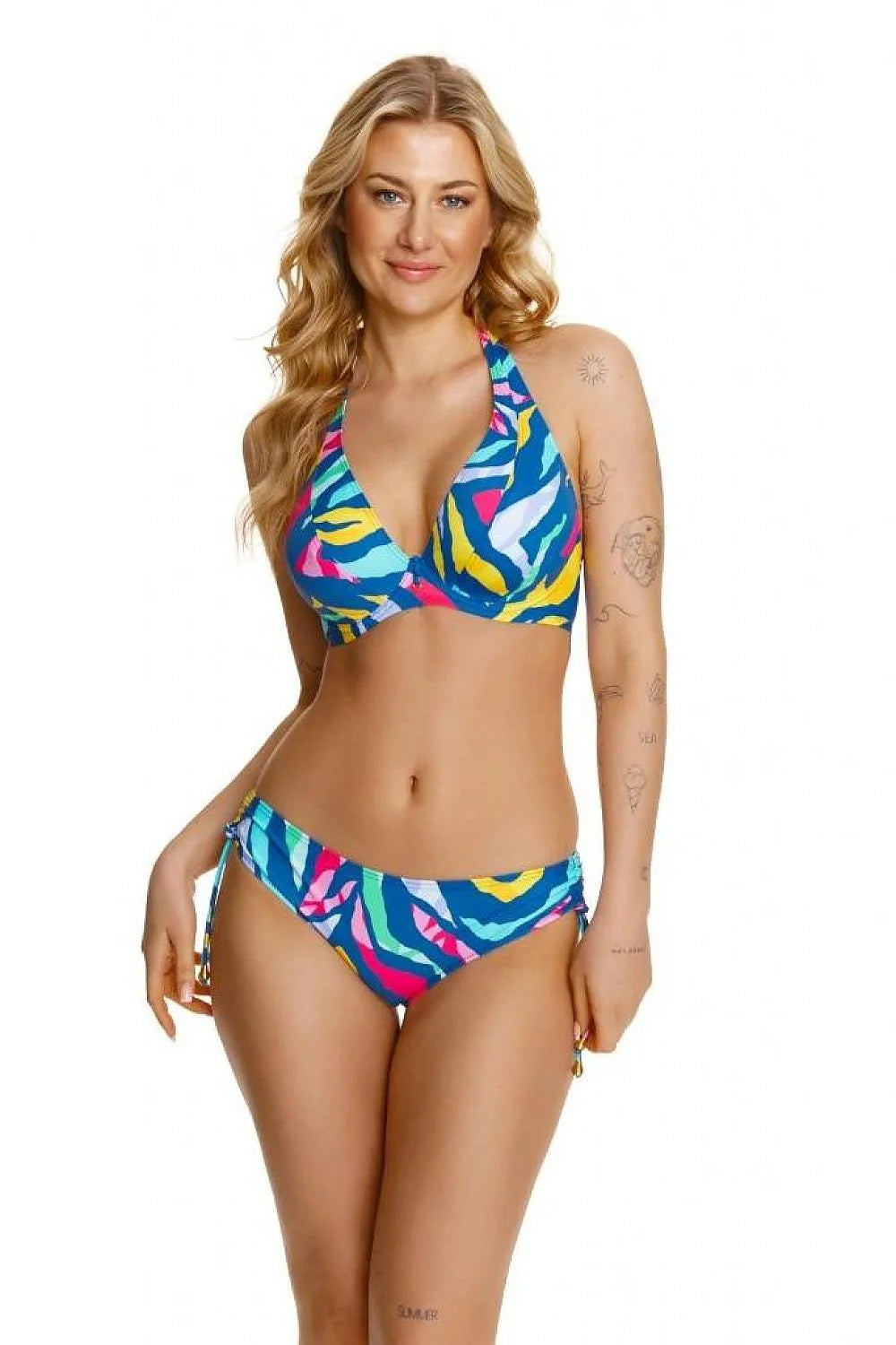 bikini femme vibrant abstrait multicolore bleu jaune rose turquoise blanc triangle plongeant rembourré maintien liens latéraux taille basse polyamide élasthanne