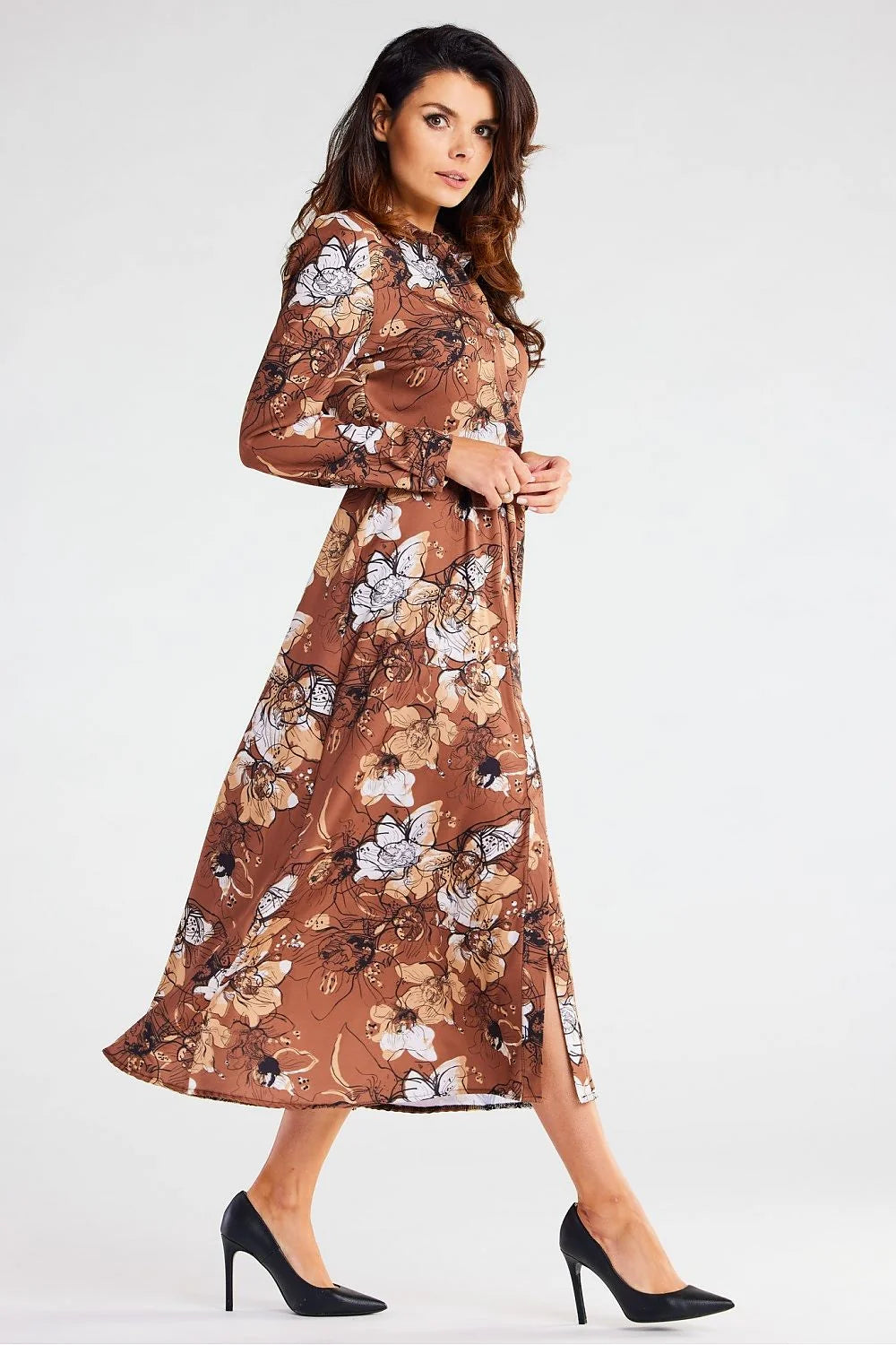 robe awama femme longue chemise manches longues motifs floraux marron caramel fluide ceinture ajustable evasee boutonnage