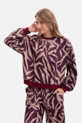sweatshirt femme oversize boxy maille douce grattée imprimé zèbre bordeaux beige col rond manches bouffantes poignets côtelés taille hanches