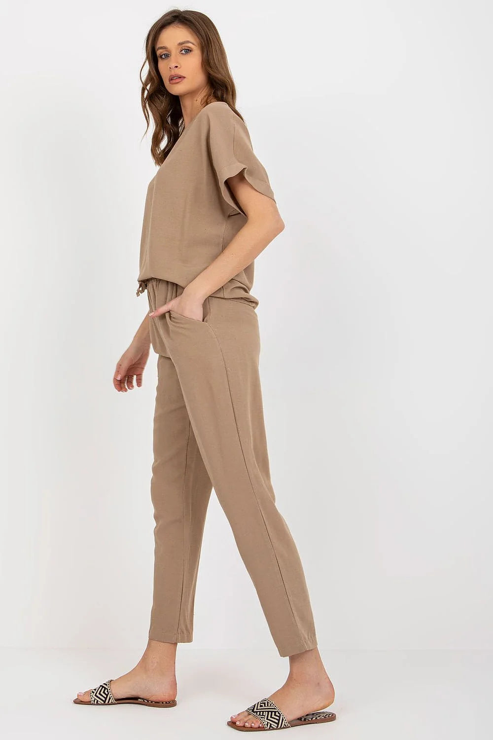 Ensemble coordonné femme été blouse manches courtes encolure ronde pantalon taille haute coton viscose beige neutre élégant