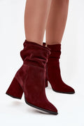 bottines femme cheville suède bordeaux talon bloc carré confortable doublure feutrée fermeture éclair latérale dorée bout amande sophistiquées élégantes