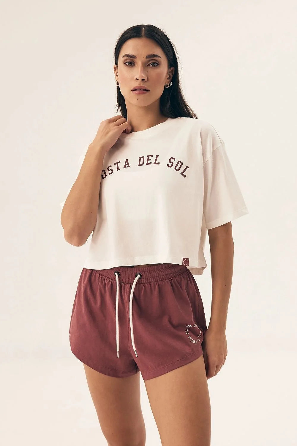 Pyjama Henderson Femme Court T-shirt Blanc Cassé Short Bordeaux Élastique Coton Confortable Été