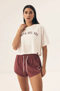 Pyjama Henderson Femme Court T-shirt Blanc Cassé Short Bordeaux Élastique Coton Confortable Été