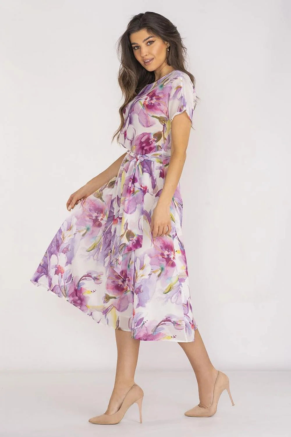 Robe de jour awama féminine style bohème motif floral violet rose blanc jaune polyester 100 % taille ajustable ceinture intégrée S M L XL