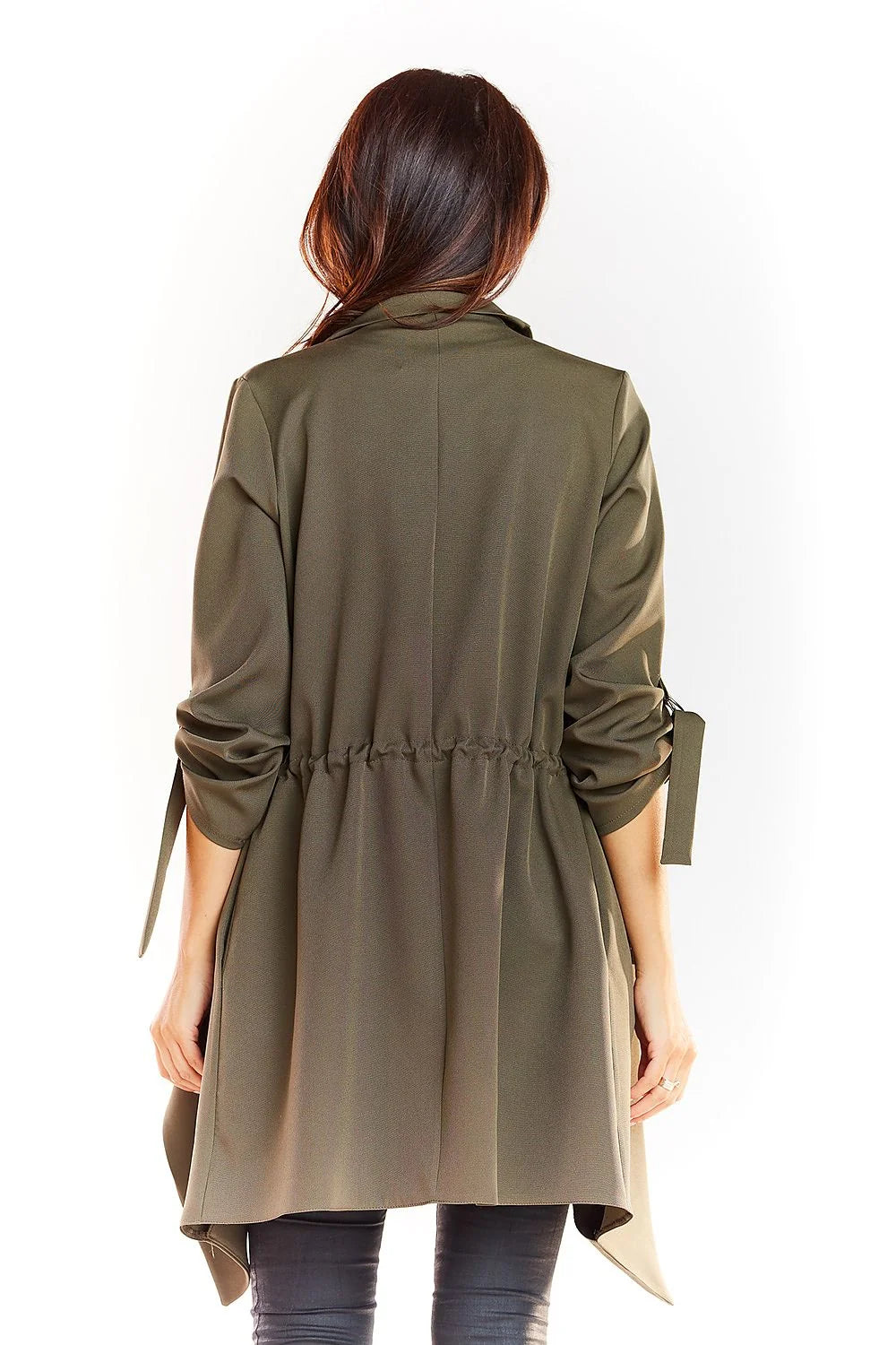 Manteau long femme moderne synthétique léger kaki décontracté manches longues ajustables mi-cuisses col revers