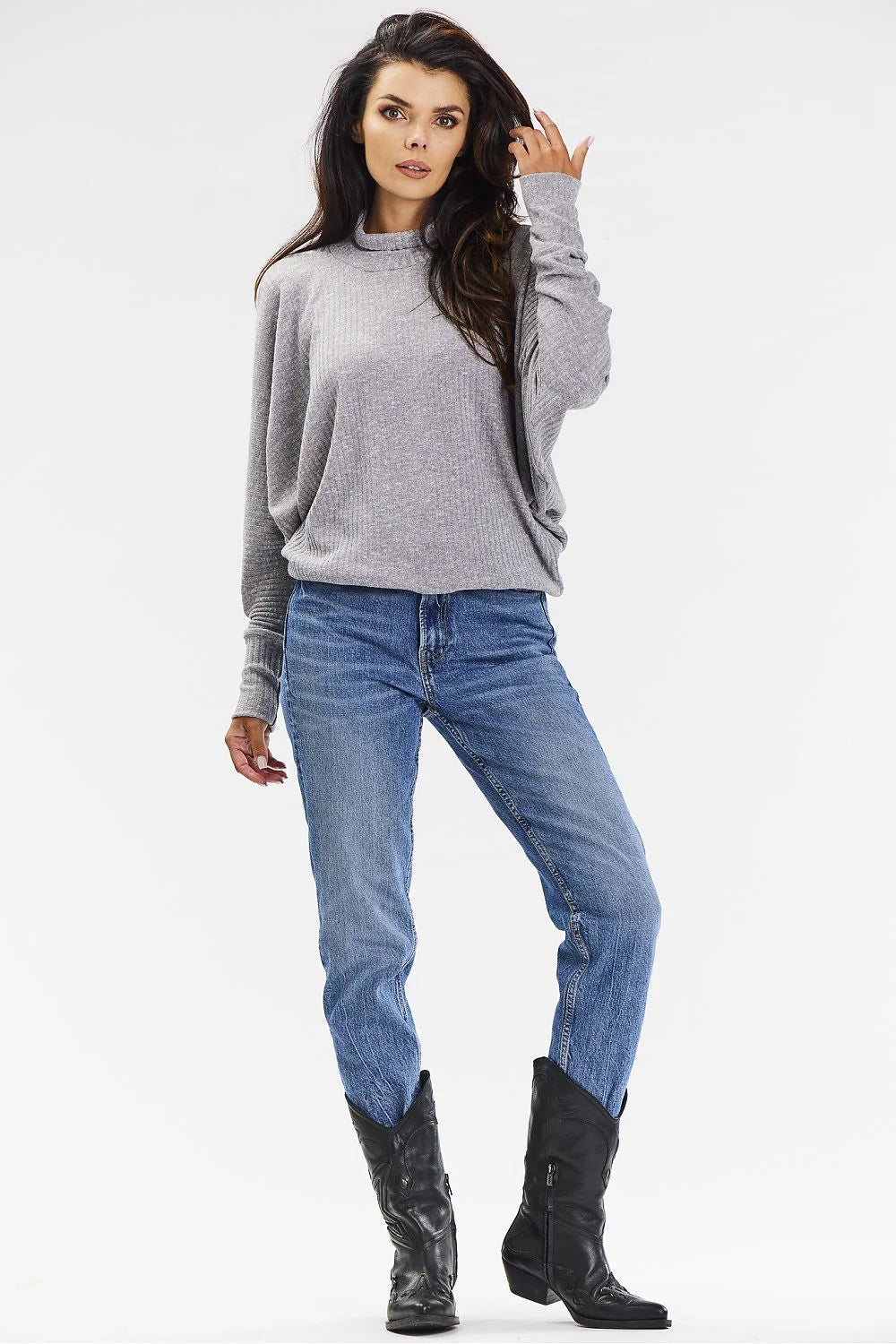 Pull femme col roulé maille côtelée gris chiné manches kimono ample style décontracté automne hiver