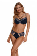 Ensemble de lingerie élégant soutien-gorge rembourré dentelle floral culotte assortie microfibre bleu marine