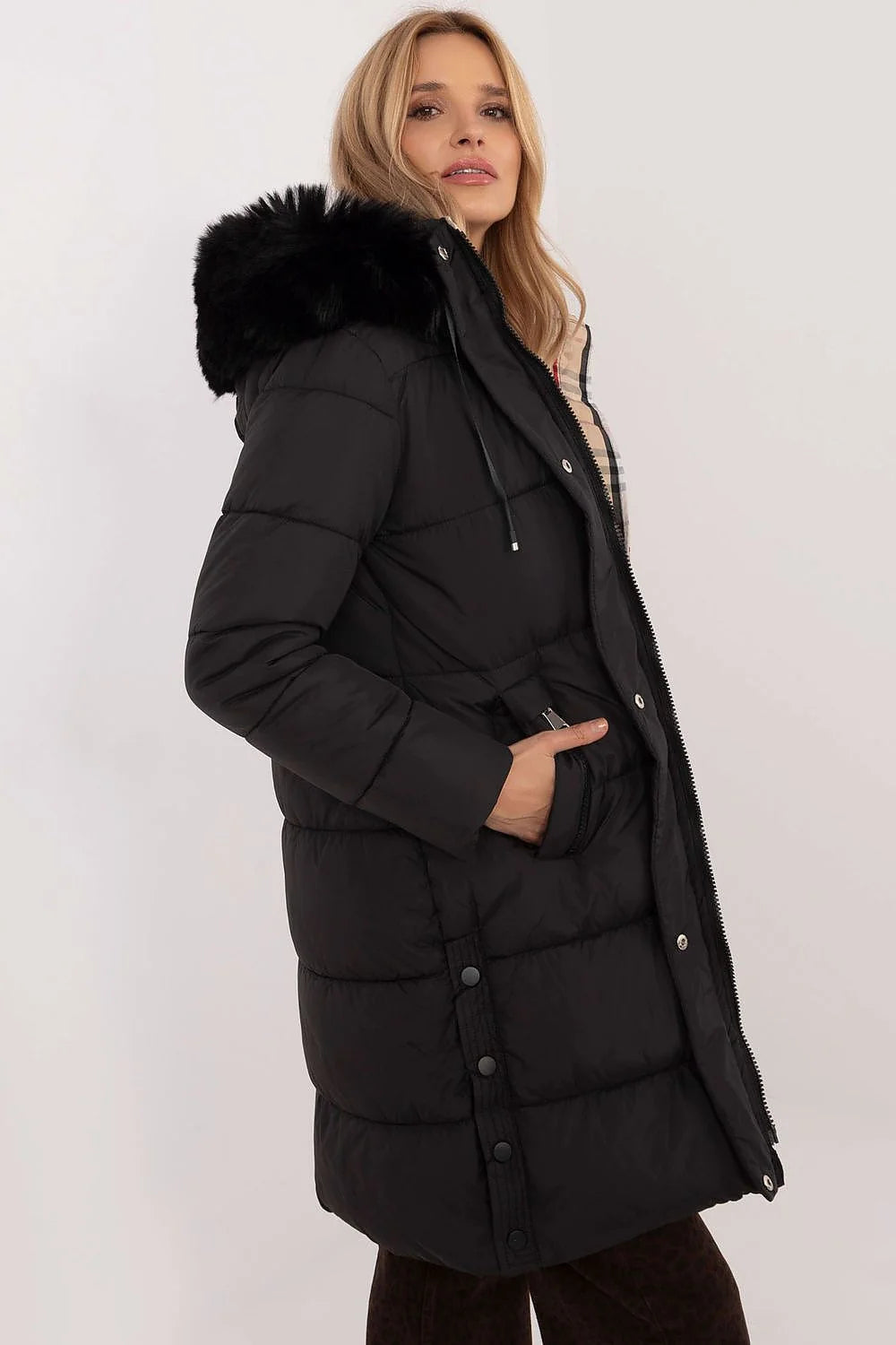 Manteau d'hiver pour femme longueur genoux coupe droite fourrure synthétique matelassé polyester doublure carreaux mode élégance