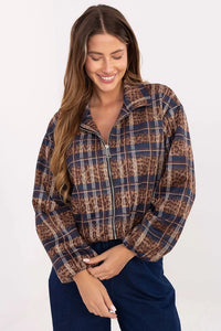 blouson bomber femme zippé court col chemise taille élastiquée manches longues bouffantes poignets élastiqués imprimé tartan léopard marron marine beige