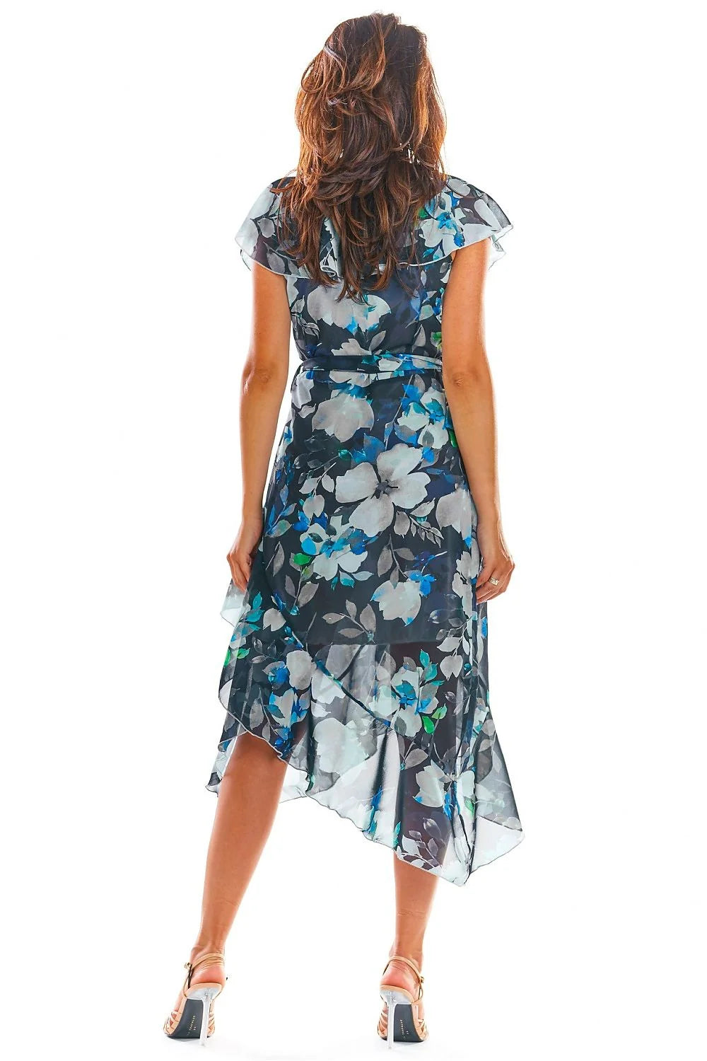 Robe de cocktail élégante asymétrique en mousseline floral manches courtes décolleté V ceinture ajustable femme