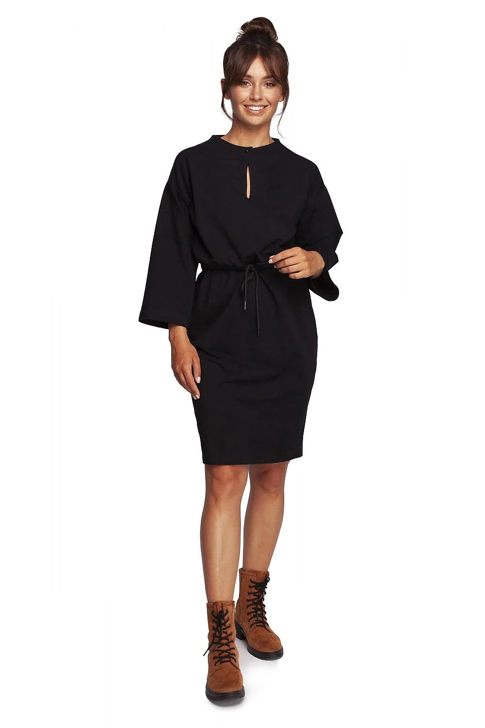 Robe de jour Be Wear élégante en maille douce coupe droite encolure goutte d'eau manches 3/4 taille ajustable coton élasthanne femmes
