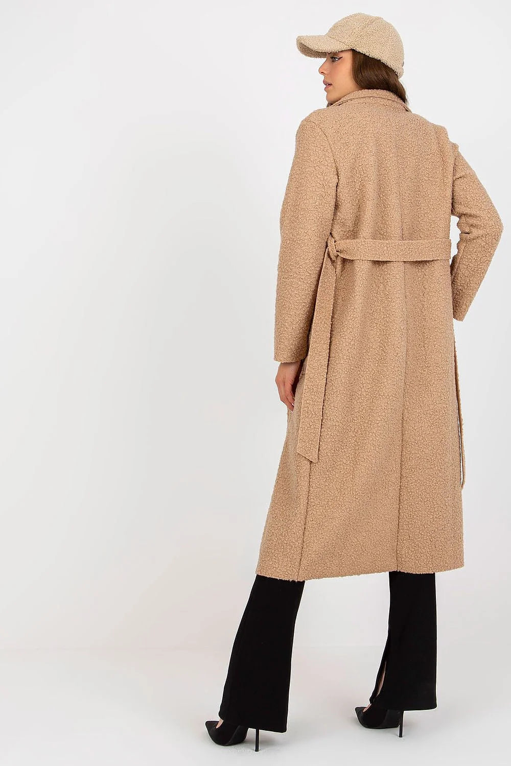 Manteau pour femme beige en boucle tailleur long manches longues collets en V poches plaquées cap assortie style casual élégant