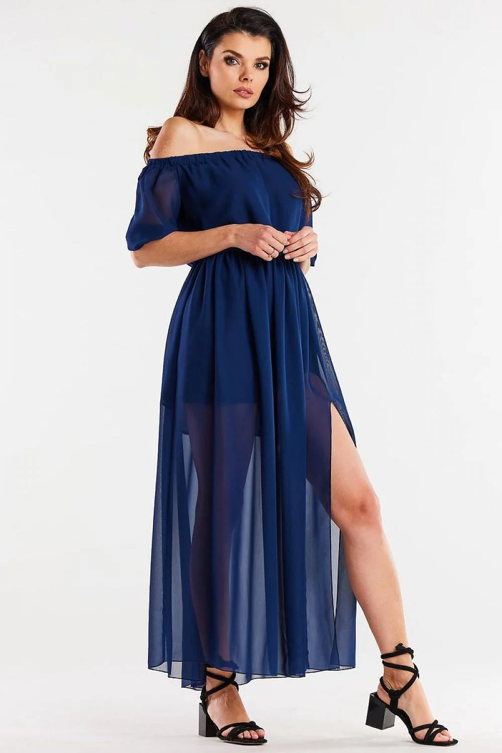Robe de jour awama longue en mousseline soie doublure élastiquée fentes côté manches 3/4 élastiques polyester 100% taille ajustable femme