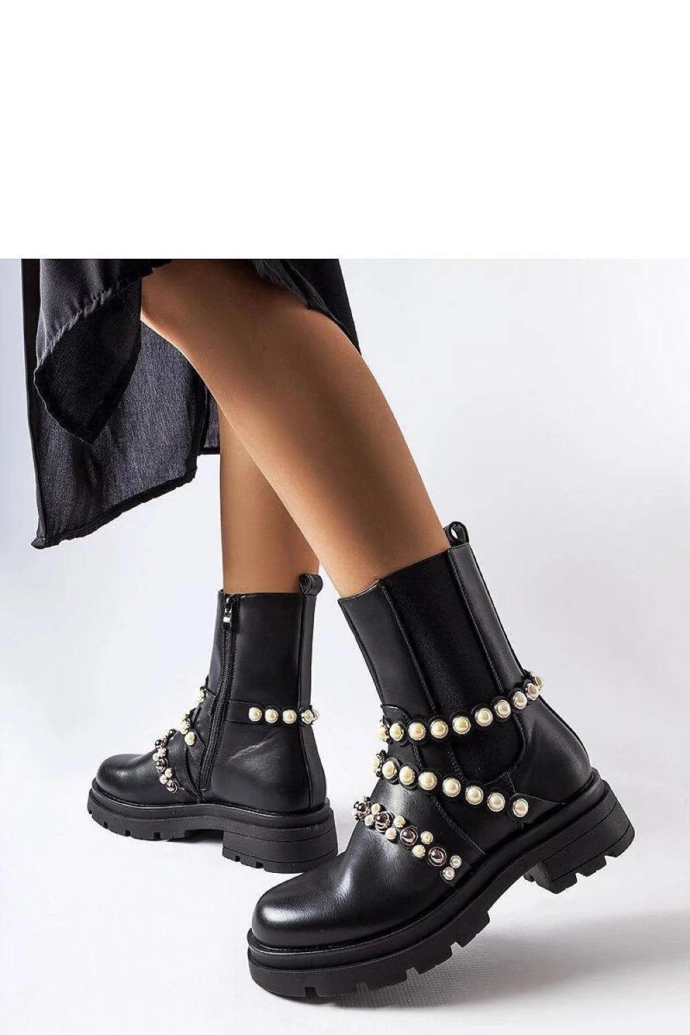 Bottines pour femmes design audacieux moderne cuir noir perles rivets métalliques fermeture éclair latérale hauteur cheville confortable occasion spéciale quotidienne
