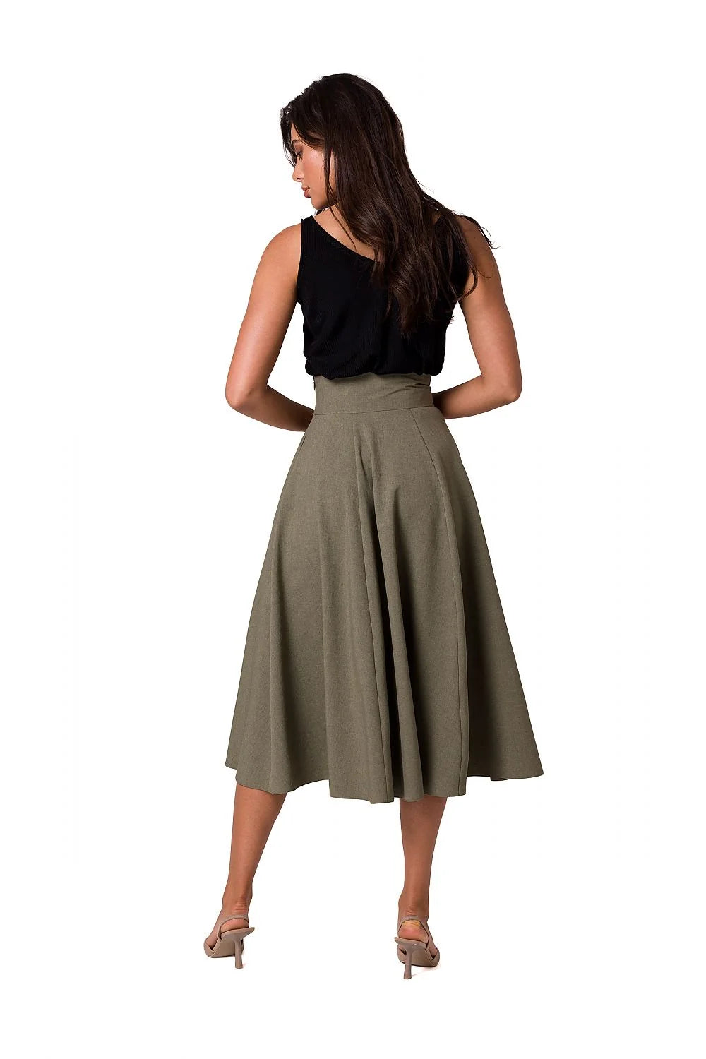Jupe midi évasée taille haute ceinture intégrée boutons décoratifs dorés polyester fluide tombé léger rose poudré noir trapèze plissée