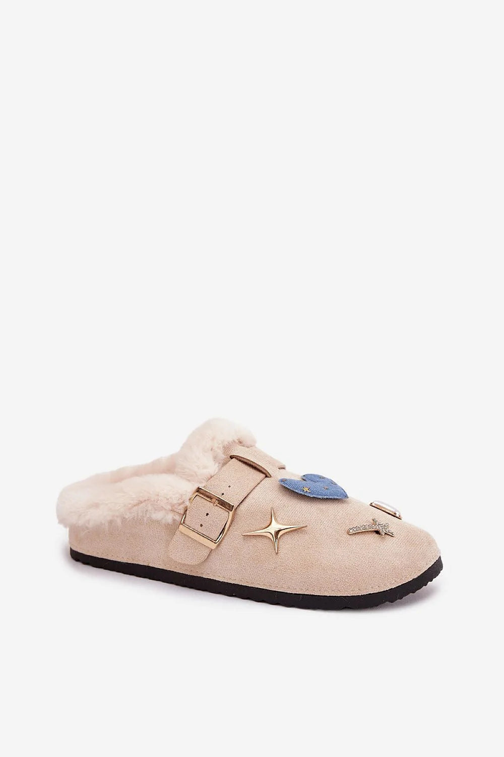 pantoufles femme suédine écologique beige fourrées confortables chaudes chic brodées strass bride réglable boucle dorée semelle antidérapante doublurepeluche cadeau idéal