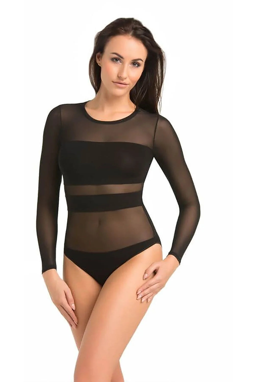 Body femme en maille transparente et viscose longues manches fermeture crochets buste opaque taille ajustable