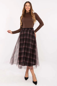 jupe midi trapèze évasée carreaux bordeaux noir tulle superposée transparente doublée taille élastiquée polyester élasthanne élégante romantique confortable