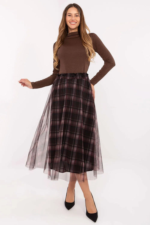 jupe midi trapèze évasée carreaux bordeaux noir tulle superposée transparente doublée taille élastiquée polyester élasthanne élégante romantique confortable