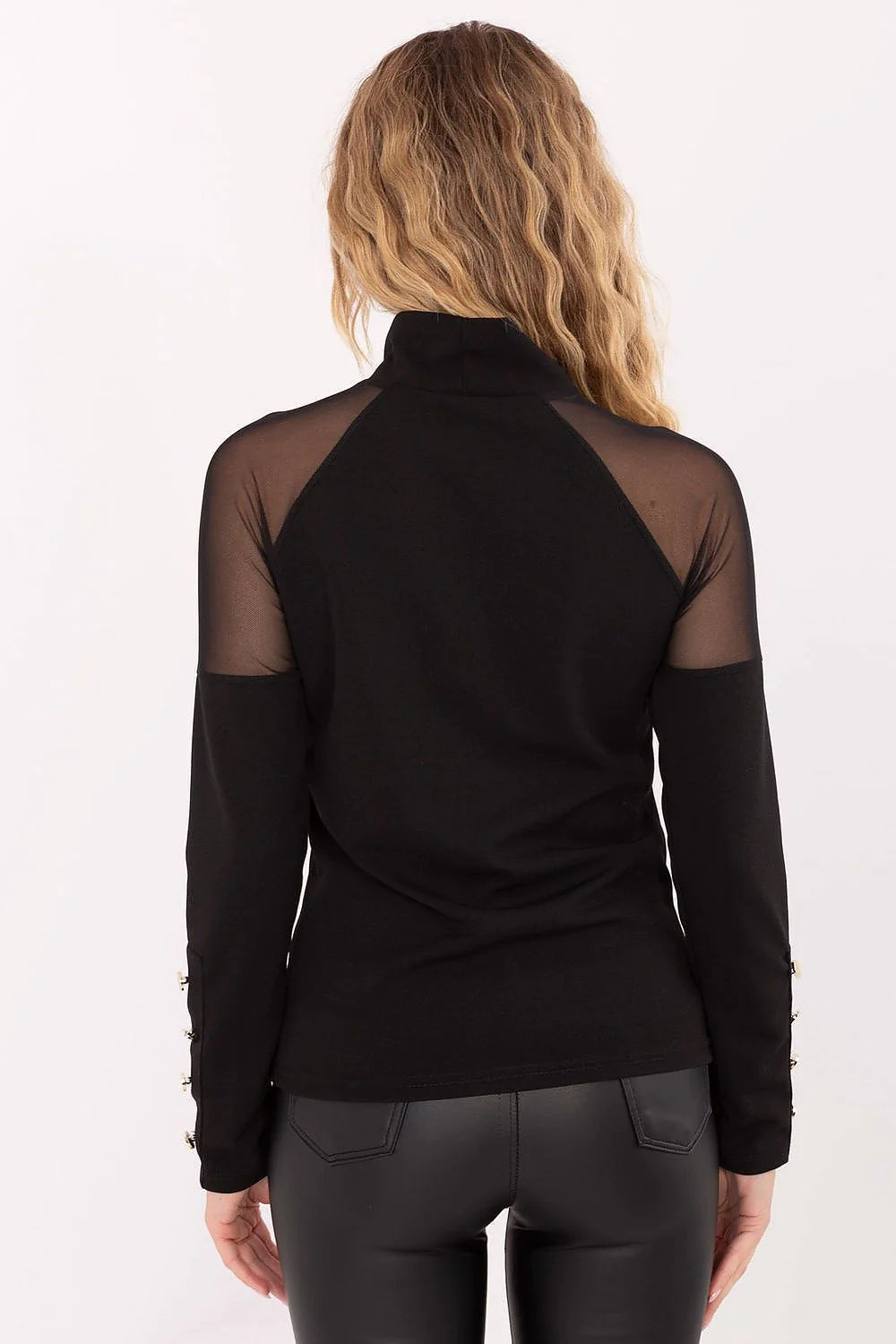blouse col montant noir manches longues ajustée maille douce empiècements tulle épaules poignets boutons dorés élégante extensible élasthanne