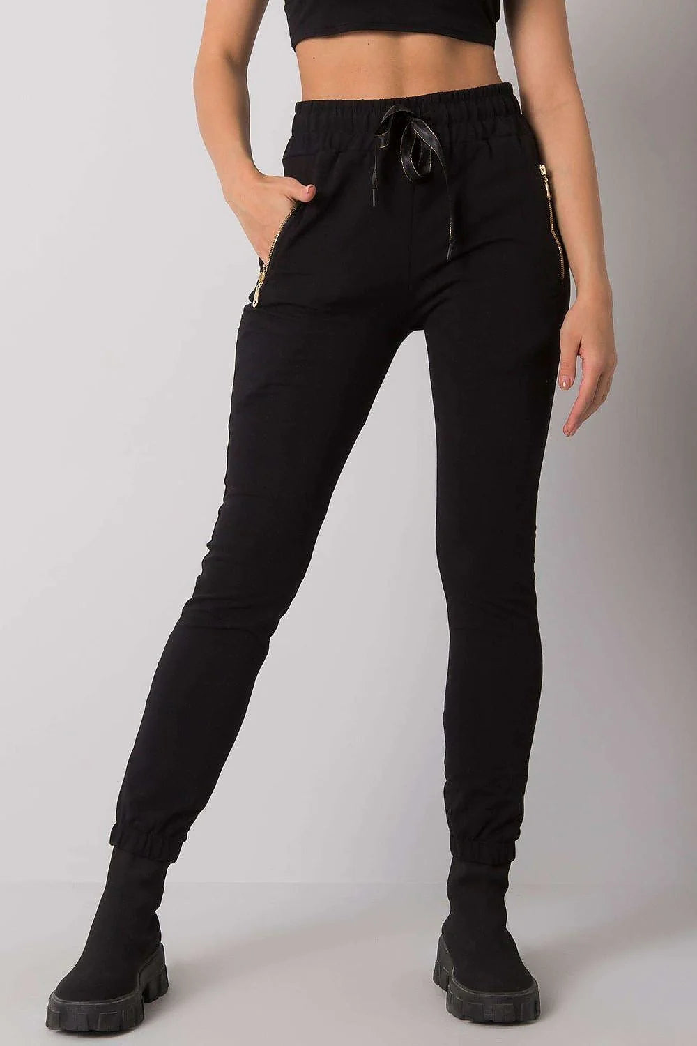 Pantalon de jogging coton noir décontracté élégant taille haute poches zippées pour femmes actives