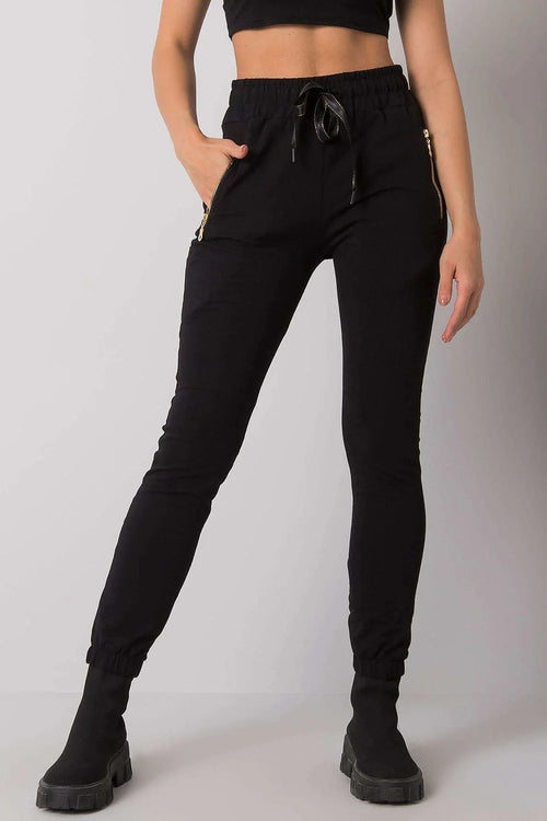 Pantalon de jogging coton noir décontracté élégant taille haute poches zippées pour femmes actives