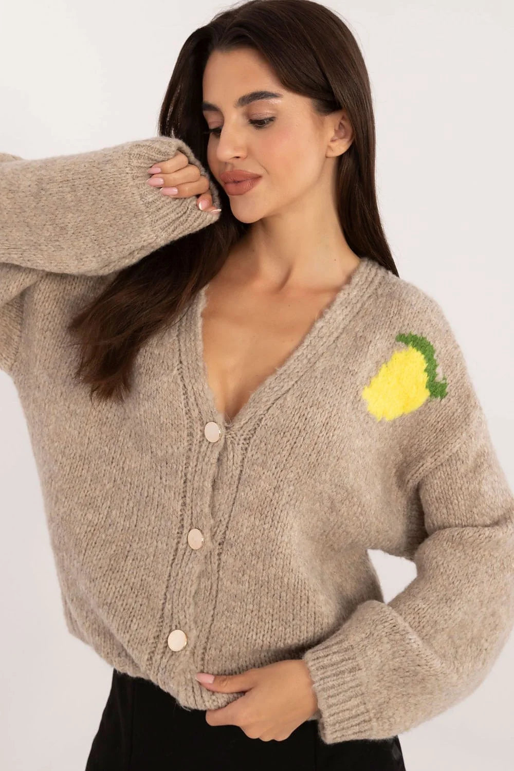 Cardigan Italie mode femme décontracté V-neck longues manches imprimé citron tricot acrylique viscose lin polyamide