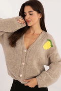 Cardigan Italie mode femme décontracté V-neck longues manches imprimé citron tricot acrylique viscose lin polyamide