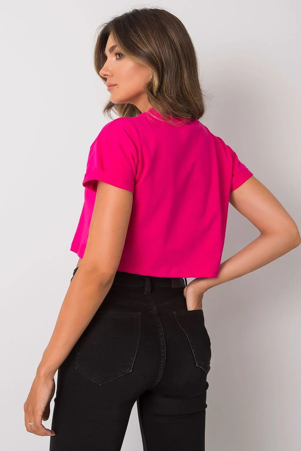 Crop Top Femme Coupe Amples Manches Courtes Coton 90% Élasthanne 10% Fuchsia Vibrant Occasions Décontractées Style Moderne Minimaliste