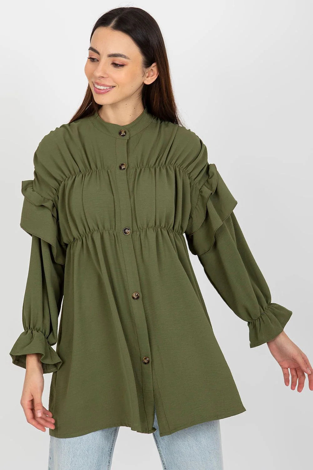 Chemise manche longue Och Bella pour femme, coupe ample, volants, Polyester 100%, élégante, moderne, occasions multiples