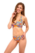 Bikini femme motif tropical audacieux bleu orange blanc matières confortables coupe classique halter maintien optimal